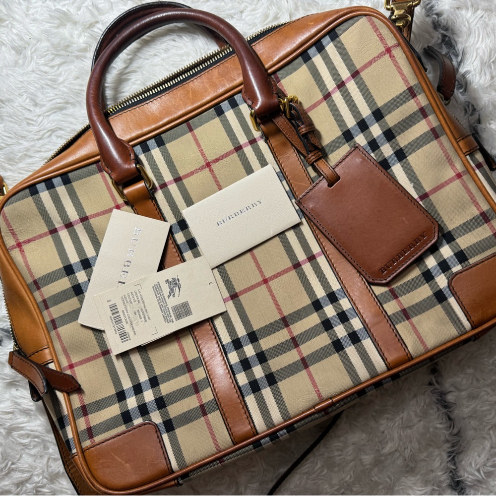 Burberry Beige Vintage Check Leather Trim Laptop Bag